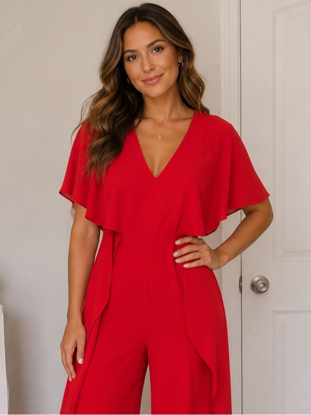 Halston Heritage Red One-Shoulder Cascade Overlay Jumpsuit